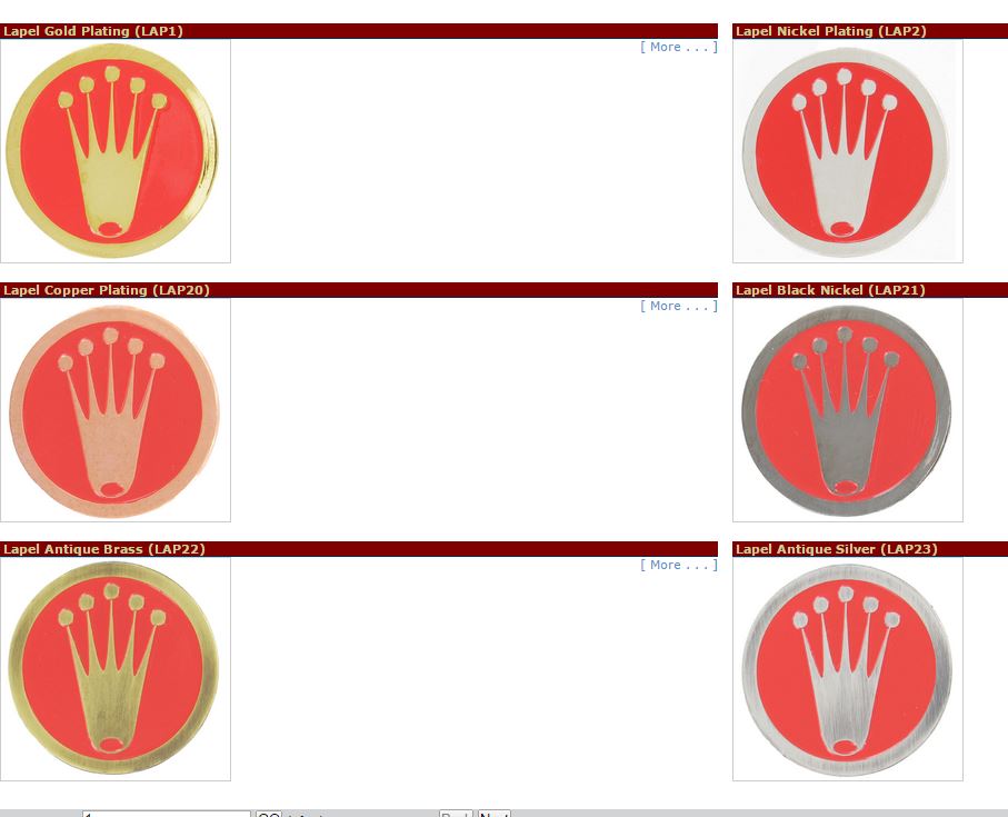 Lapel Gold Plating (LAP1), Nickel Plating (LAP2), Copper Plating (LAP20), Black Nickel (LAP21), Antique Brass (Lap22), Lap Antique Silver (LAP23) 